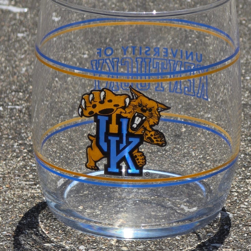 University of Kentucky Wildcats Stemless Wine Glass UK Old Logo Blue Gold Tongue